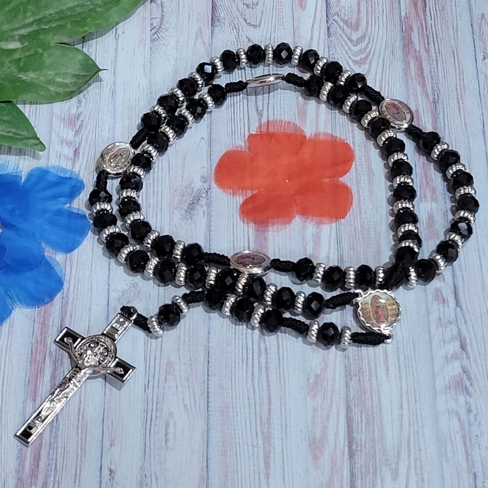 Virgen De Guadalupe Rosario Necklace crystal beads 10mm 2 sided Black & Silver